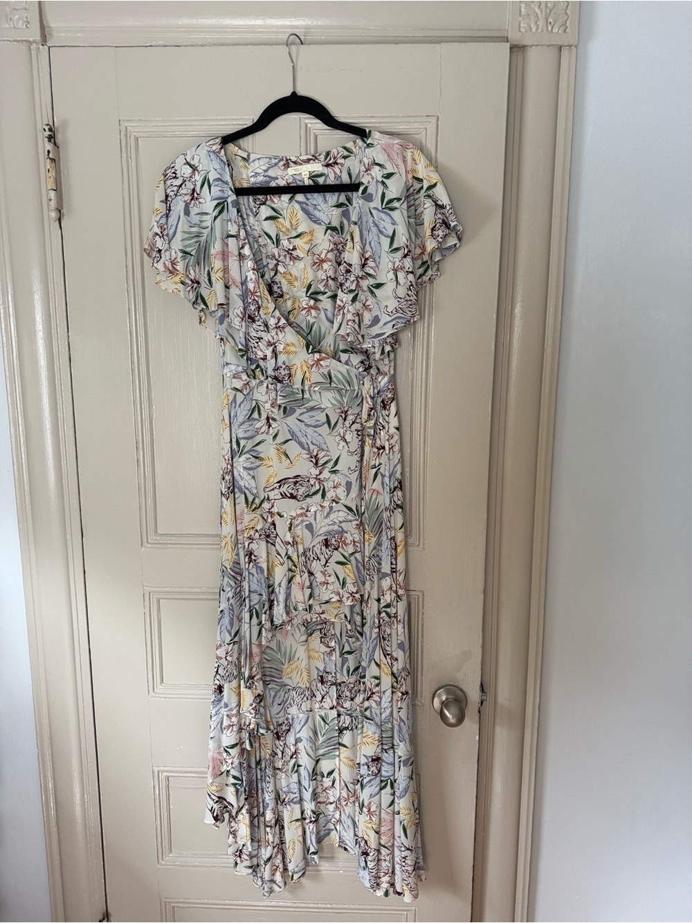 Maje Light Floral Wrap High-Low Dress in White and Pastel